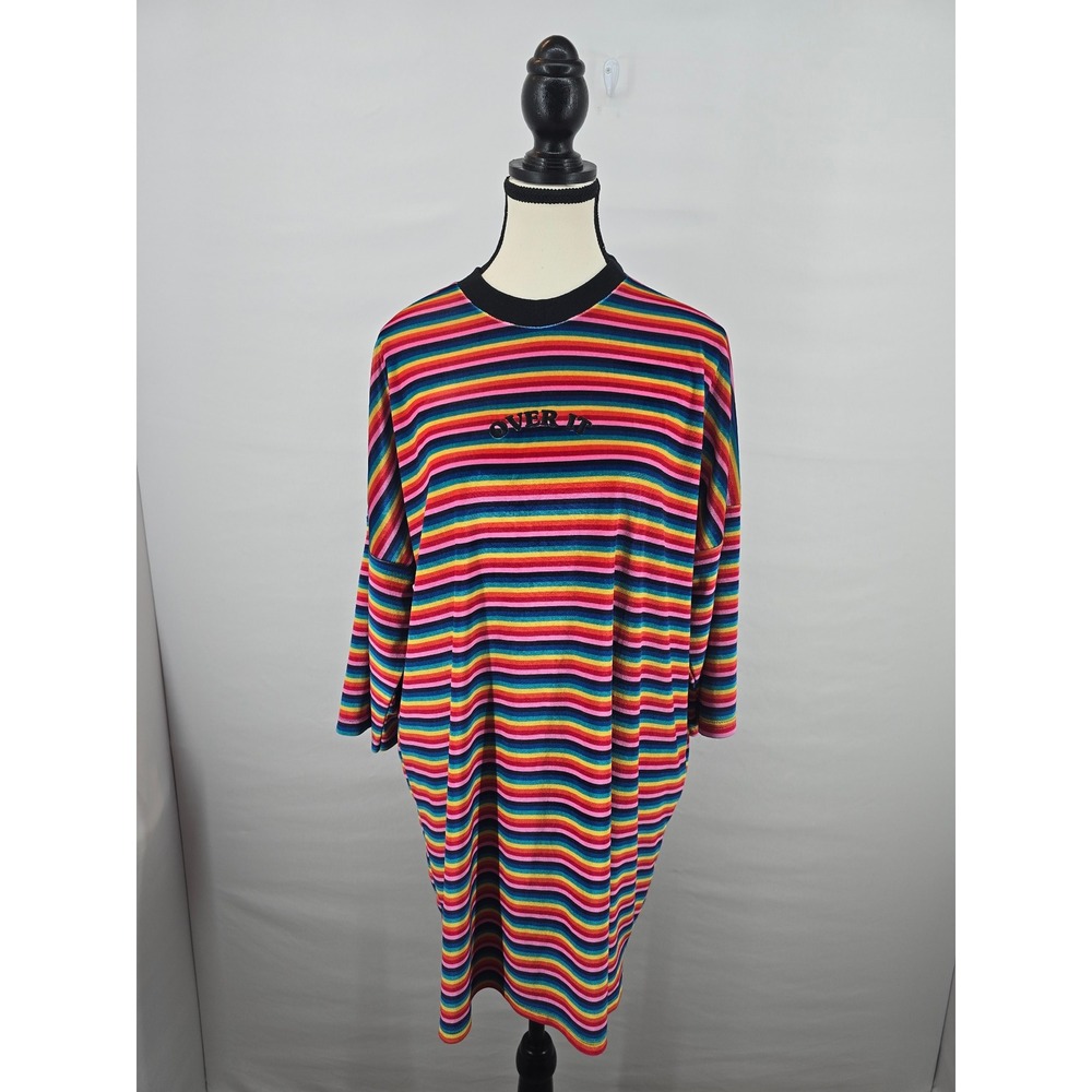 The Ragged Priest Rainbow Stripe Over It Velour T-Shirt Dress Womens Large L